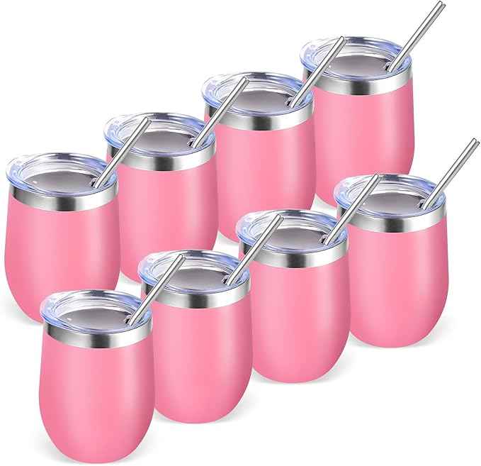 Volhoply 12oz Stainless Steel Wine Tumbler with Lid Bulk 8 Pack,Double Wall Vacuum Stemless Wine Glasses,Reusable Metal Travel Coffe Mug with Straw,Insulated Cup Gifts for Women,Christmas（Pink,8 Set）