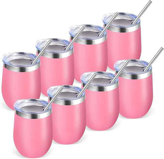 Volhoply 12oz Stainless Steel Wine Tumbler with Lid Bulk 8 Pack,Double Wall Vacuum Stemless Wine Glasses,Reusable Metal Travel Coffe Mug with Straw,Insulated Cup Gifts for Women,Christmas（Pink,8 Set）