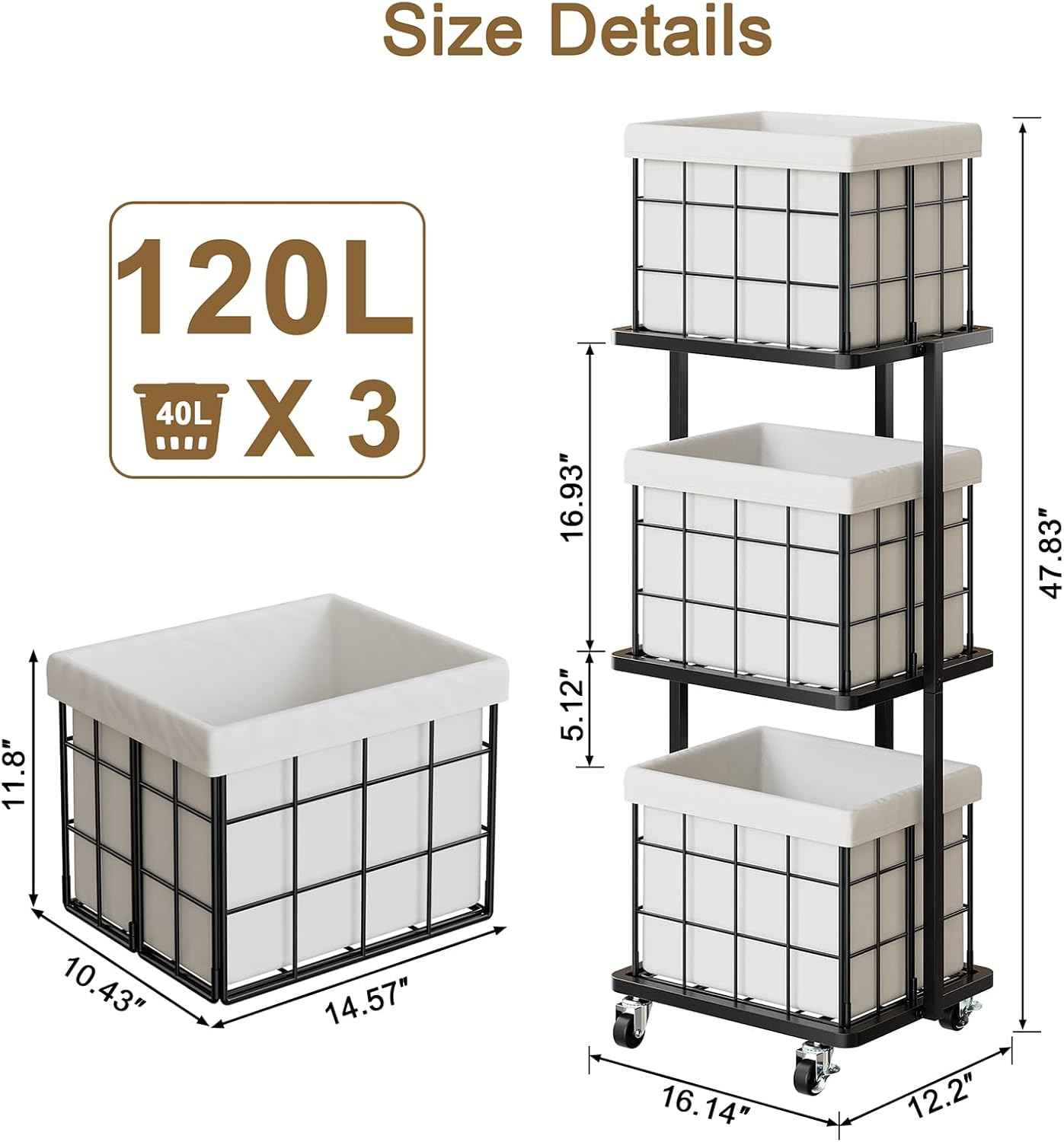 120L Vertical Rolling Laundry Hamper with Removable Bags, 3 Section Laundry Basket with Wheels, Slim Tall 3 Tier Laundry Sorter for Small Spaces, Dorm, Laundry Room, Bathroom, Closet, White