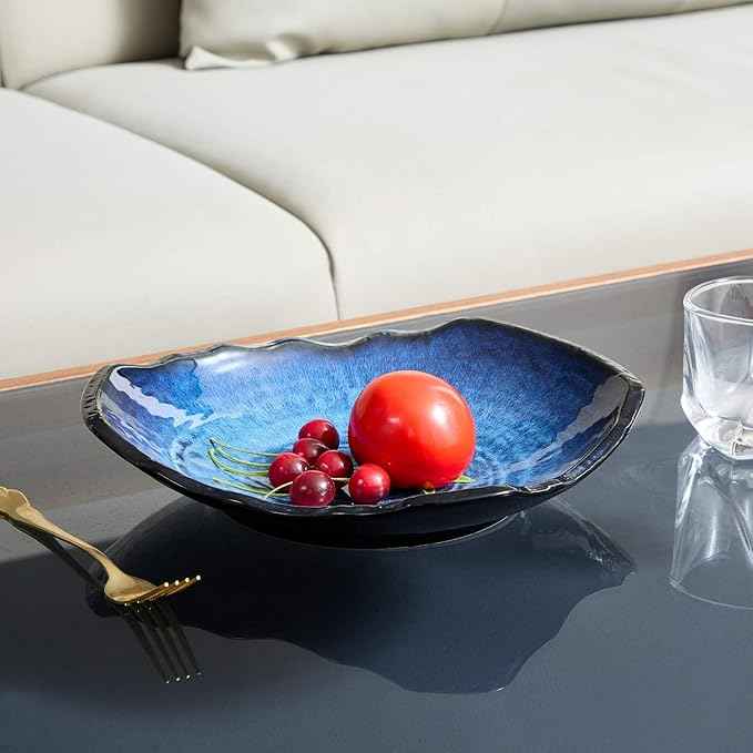 Large Ceramic Decorative Bowl – Blue Reactive Glaze Centerpiece Bowl, Modern Coffee Table Decor Dish, Entryway Catchall Key Bowl, Decorative Fruit Bowl for Dining Table Living Room (12” Dish)