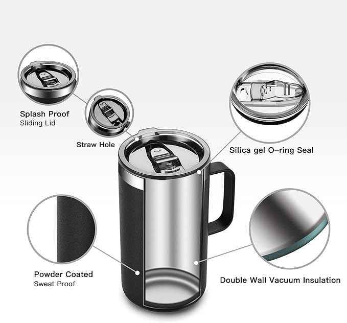 KXIAOCHEN 20oz Insulated Coffee Mug with Lid, Stainless Steel Coffee Cup, Double Wall Vacuum Coffee Tumbler with Handle, Premium Thermal Travel Coffee Mug (Black Purple 2Pack)