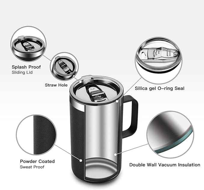 KXIAOCHEN 20oz Insulated Coffee Mug with Lid, Stainless Steel Coffee Cup, Double Wall Vacuum Coffee Tumbler with Handle, Premium Thermal Travel Coffee Mug (Black)