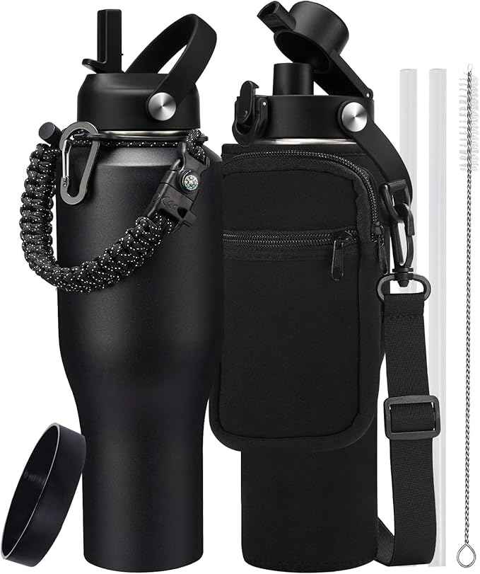 40 oz Water Bottle with Straw That Fits in Car Cup Holder, Cold 48H Hot 24H, Leakproof Stainless Steel Flasks Thermo Jug, Paracord Handle, Carry Pouch with Shoulder Strap