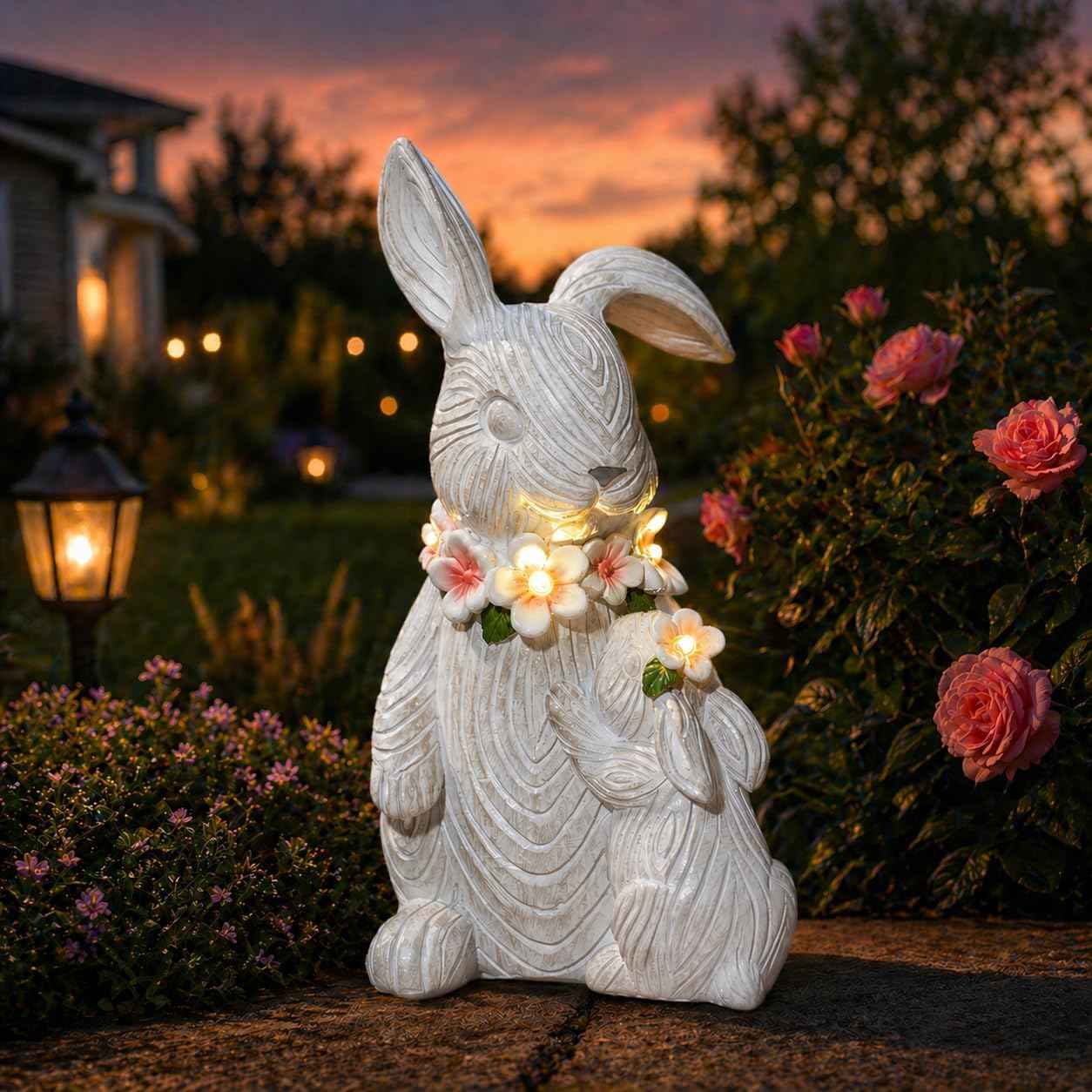 Garden Statues Rabbit with Solar Lights Outdoor Bunny Figurines Decorations for Patio Yard Lawn Ornaments Easter Gifts for Women Birthday