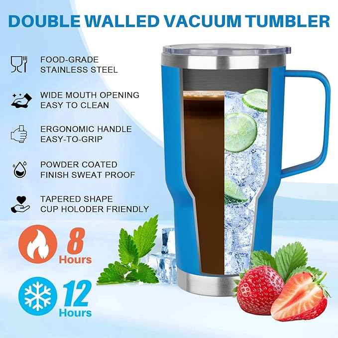 30 oz Tumbler with Handle, Stainless Steel Insulated Tumbler with Lid and Straw, Double Wall Vacuum Coffee Mug Tumbler, Insulated Coffee Thermal Cup for Cold and Hot (Sea Blue)