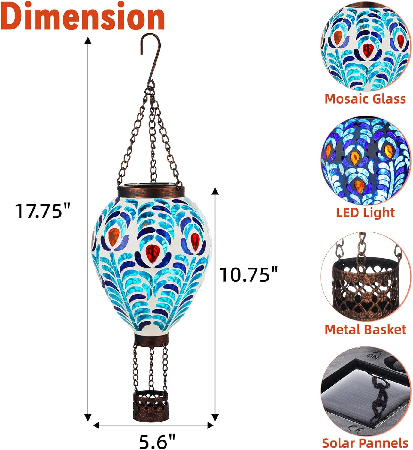 VOREEN Hot Air Balloon Solar Lantern, Mosaic Solar Outdoor Hanging Wind Light, Waterproof, Patio Festive Decor, Gift for Mom Wife Friend, Peacock Feather Design