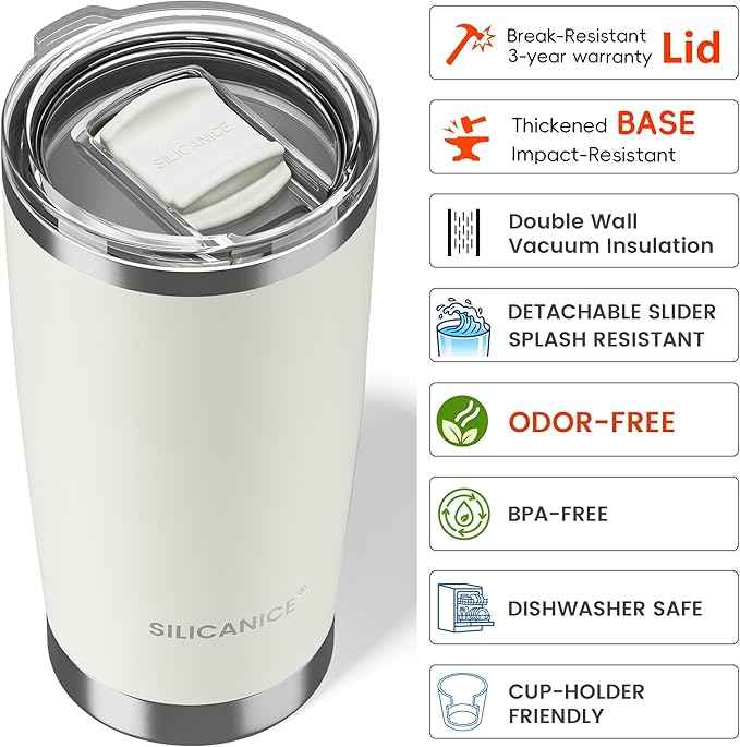 20oz Hygienic Stainless Steel Vacuum Insulated Tumbler w/ Easy-On/Easy-Off Lid - Removable slider, Double Wall 18/8 Travel Mug, BPA-Free, Fits Cup Holders, Premium Quality, Smart Value - Cream