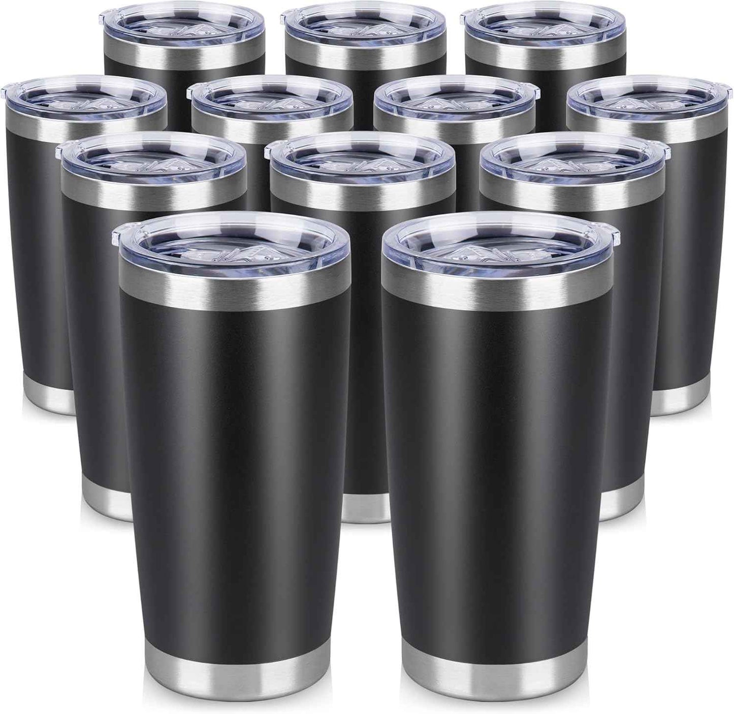 20 oz Tumbler Stainless Steel Tumblers Bulk with Lid Double Wall Insulated Coffee Tumbler Cups for Hot & Cold Drinks Powder Coated Travel Coffee Tumbler Mug Metal (Black, 12 pack)
