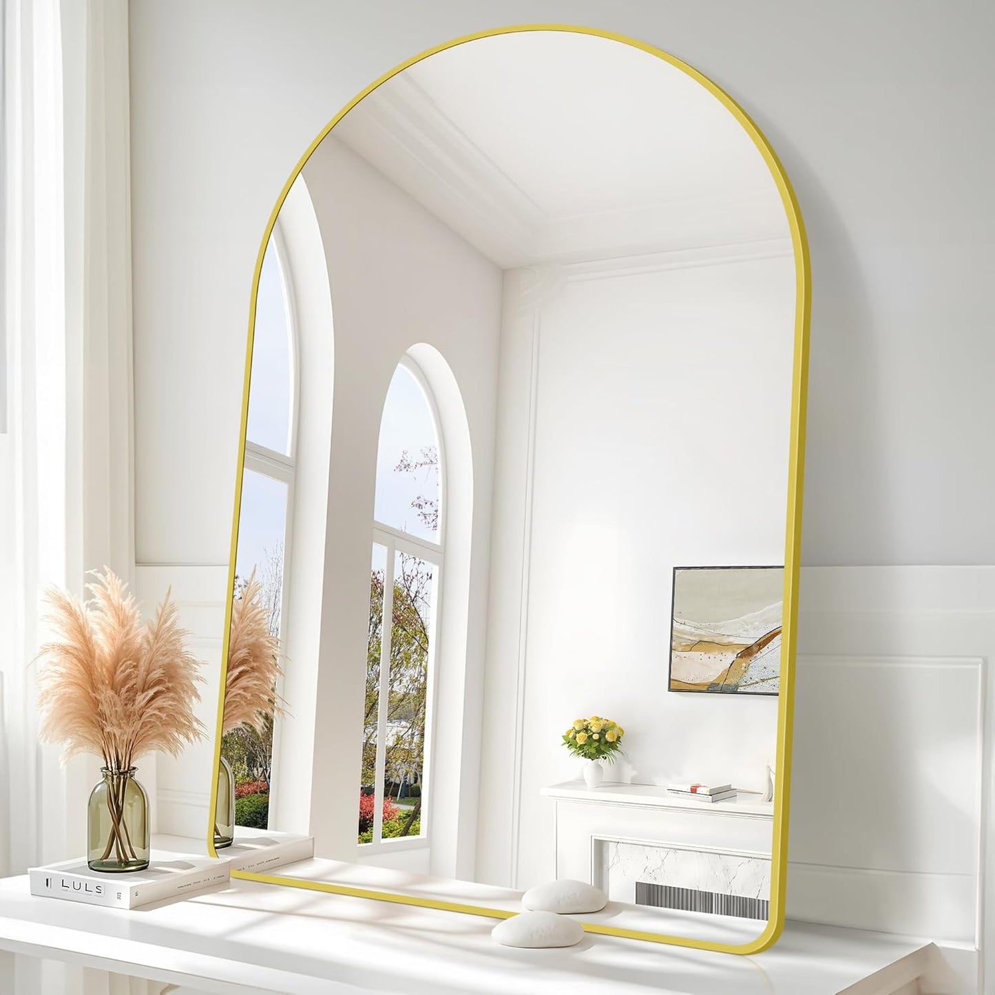 Arched Bathroom Mirror, 30"x48" Gold Arched Mirror for Bathroom, Wall Mounted Mirror, Gold Vanity Wall Mirror w/Metal Frame for Bedroom, Entryway, Living Room, Vertically Hanging