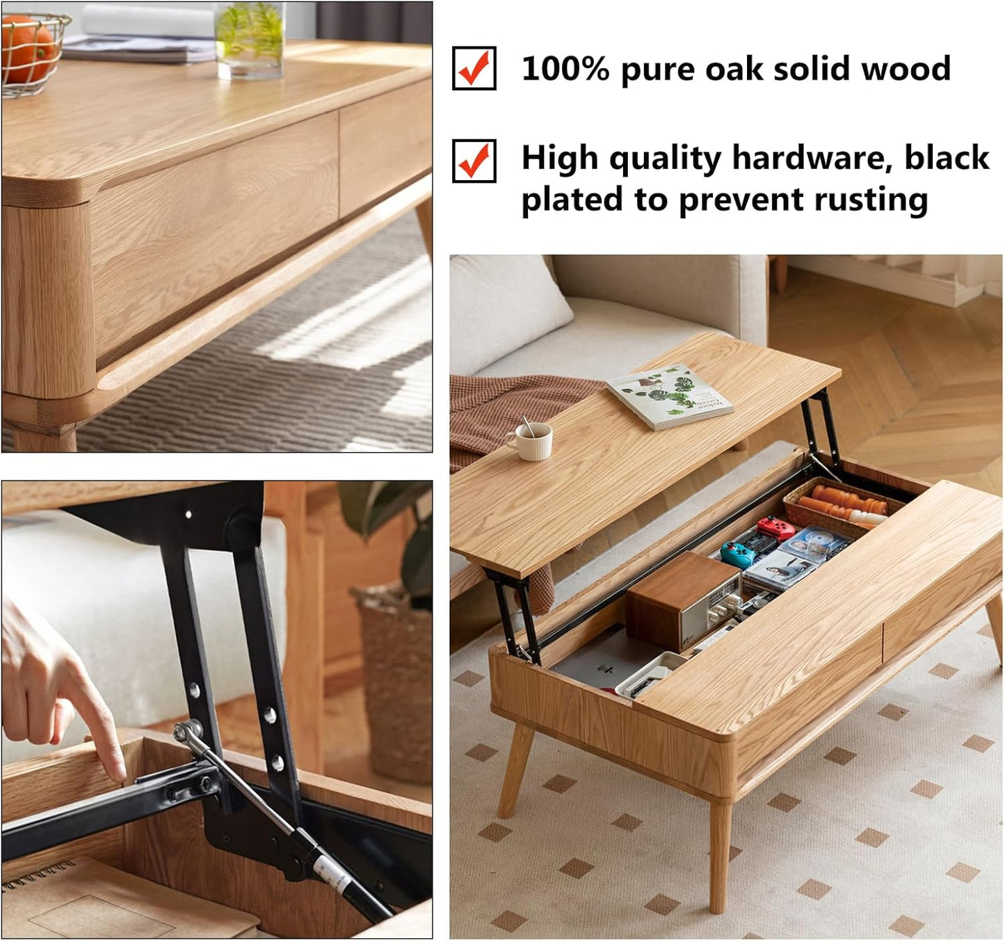 100% Solid Wood Lift Top Coffee Table for Living Room, Mid Century Modern Tables with Drawers and Large Storage, Oak Coffee Tables for Small Spaces (Oak Wood Log, 47.24" W x 23.62" D x 25.59" H)