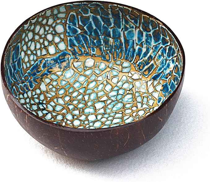 ChezMax Natural Coconut Bowl with Mother of Pearl Inlays - Key Bowl & Fruit Snack Holder (Blue-Gold)
