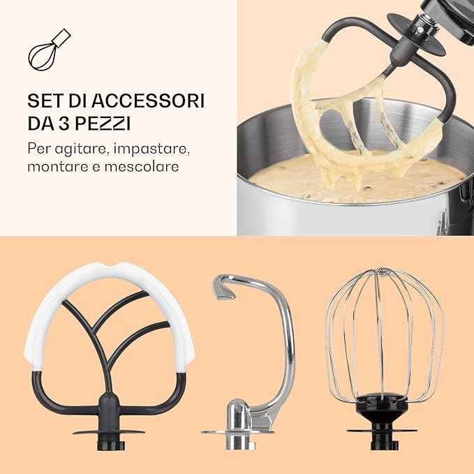 Klarstein Bella Pico 2G Kitchen Maker Food Processor Mixer with Kneading, 6 Power Levels with Pulse Function, Planetary Stirring System, 5L Stainless Steel Bowl, 3-Piece, 1300 W / 1.7 PS, Black