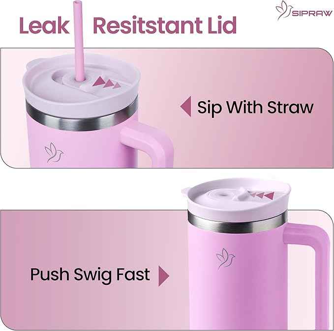 40oz Tumbler with Handle and Straw Insulated Stainless Steel Travel Mug Vacuum Double Wall Coffee Cup Leak Resistant Lid BPA-Free Cup Holder Friendly for Hot & Cold Drinks, Pink