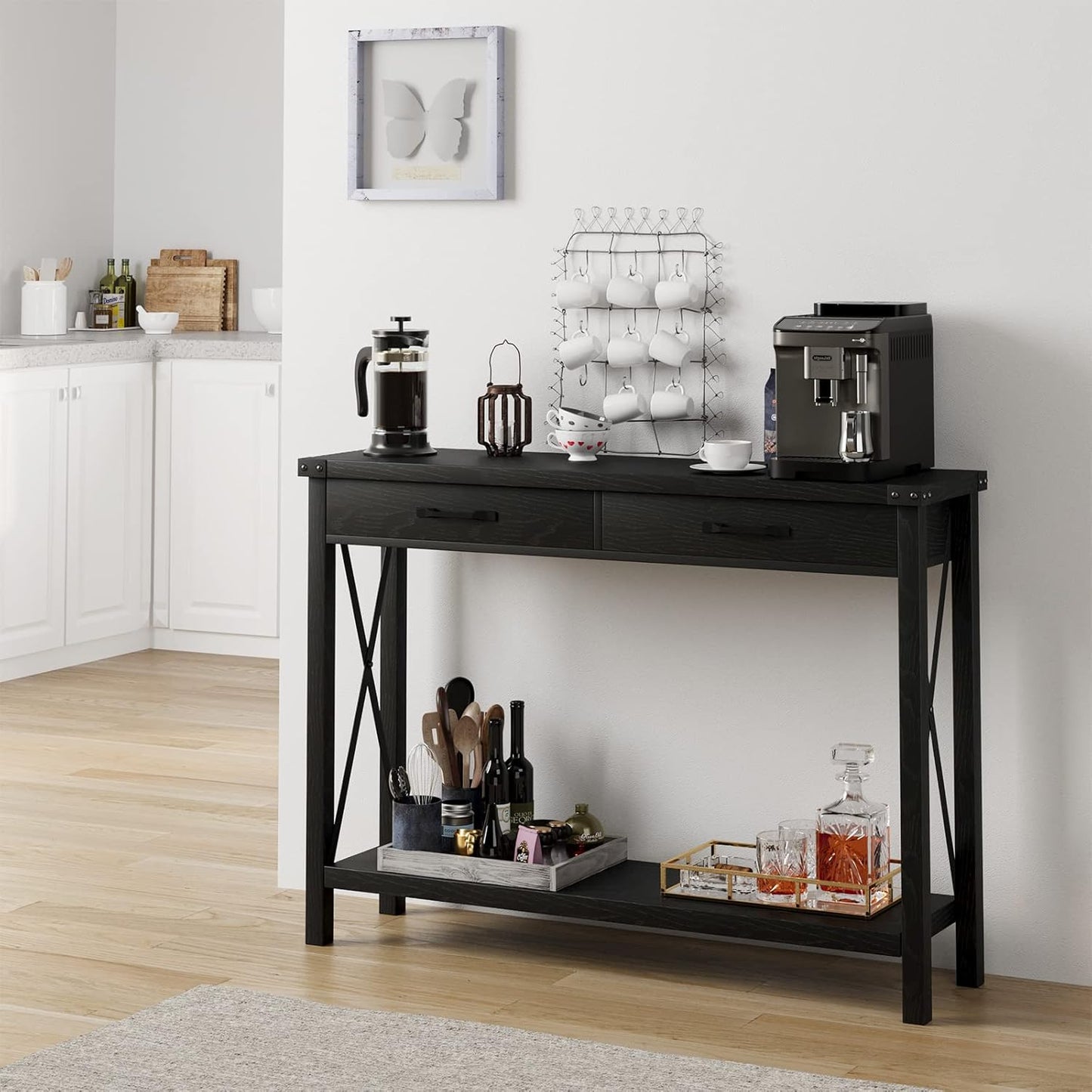 Farmhouse Console Table with 2 Drawers – Narrow Wood Sofa Table – Storage Shelf – Classic Entryway or Living Room Accent Furniture – Black