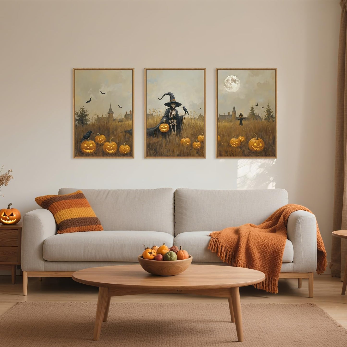 Celestdeco Halloween Ghost Reaper Framed Wall Art Set, Scary Witchy and Pumpkin Wall Decor, Horror Night Wall Painting, Full Moon Bats Art Prints for Living Room,Bedroom,Halloween Themed Party Decoration-24"×36"×3