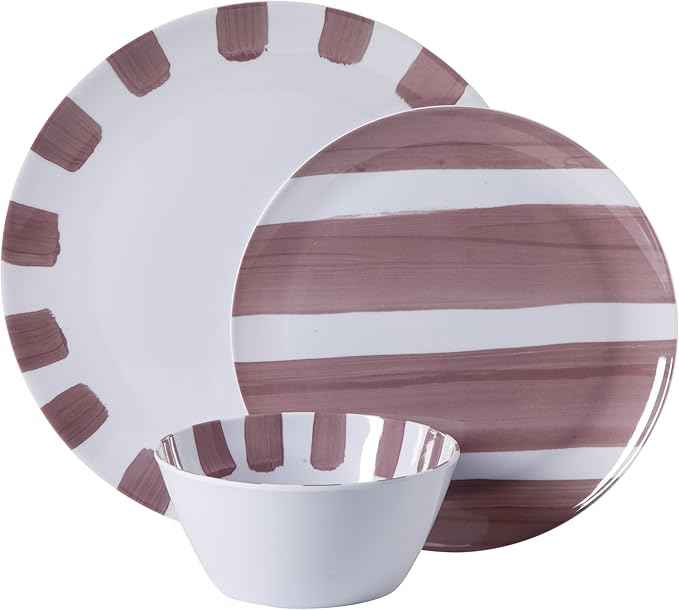 Gibson Home Cottage Stripes 12-Piece Melamine Plates and Bowls Dinnerware Set - Outdoor, Camping, & Everyday Use - Assorted Colors