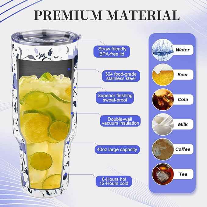40 oz Tumbler with Lids and Straws Double Wall Insulated Tumbler Cup,Stainless Steel Vacuum Tumbler Powder Coated Travel coffee Mug for Cold and Hot Drinks,Blue and White Porcelain