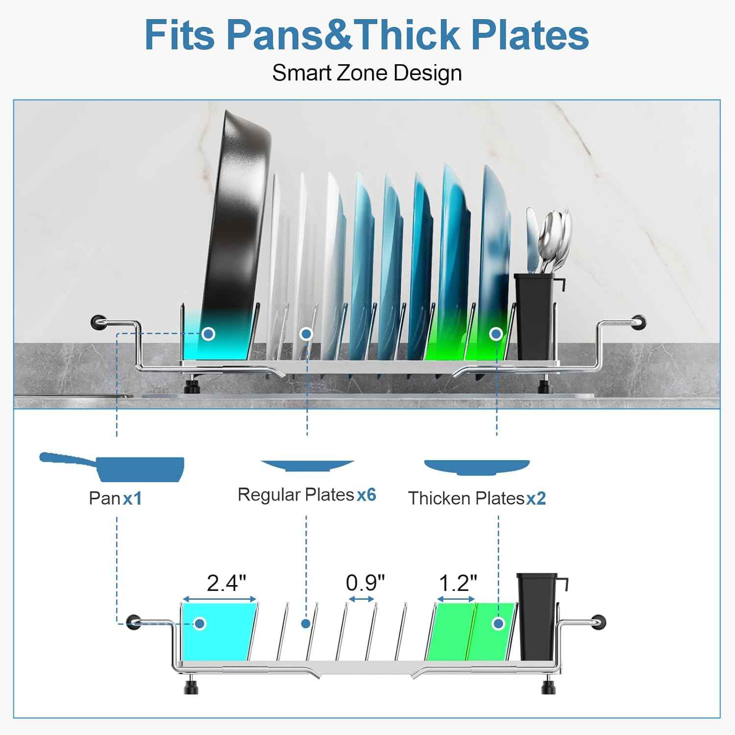 GSlife Small Dish Drying Rack for Counter, Stainless Steel Expandable Dish Drainer with Drain Board and 360° Swivel Spout, Compact for RV, Camper or Over Sink Use, 1-2 People, Narrow 6.5" W, Silver