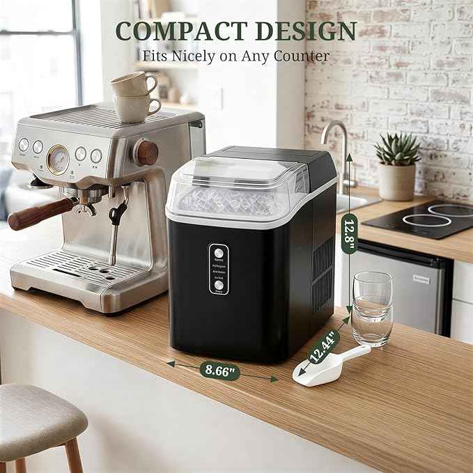 Nugget Ice Maker Countertop, 6-Min Fast Chewable Pellet Ice, 24lbs/24H Portable Ice Machine with Self-Cleaning, Ice Full & Low Water Indicator, Basket & Scoop for Home, Party, RV, Camping (Black)