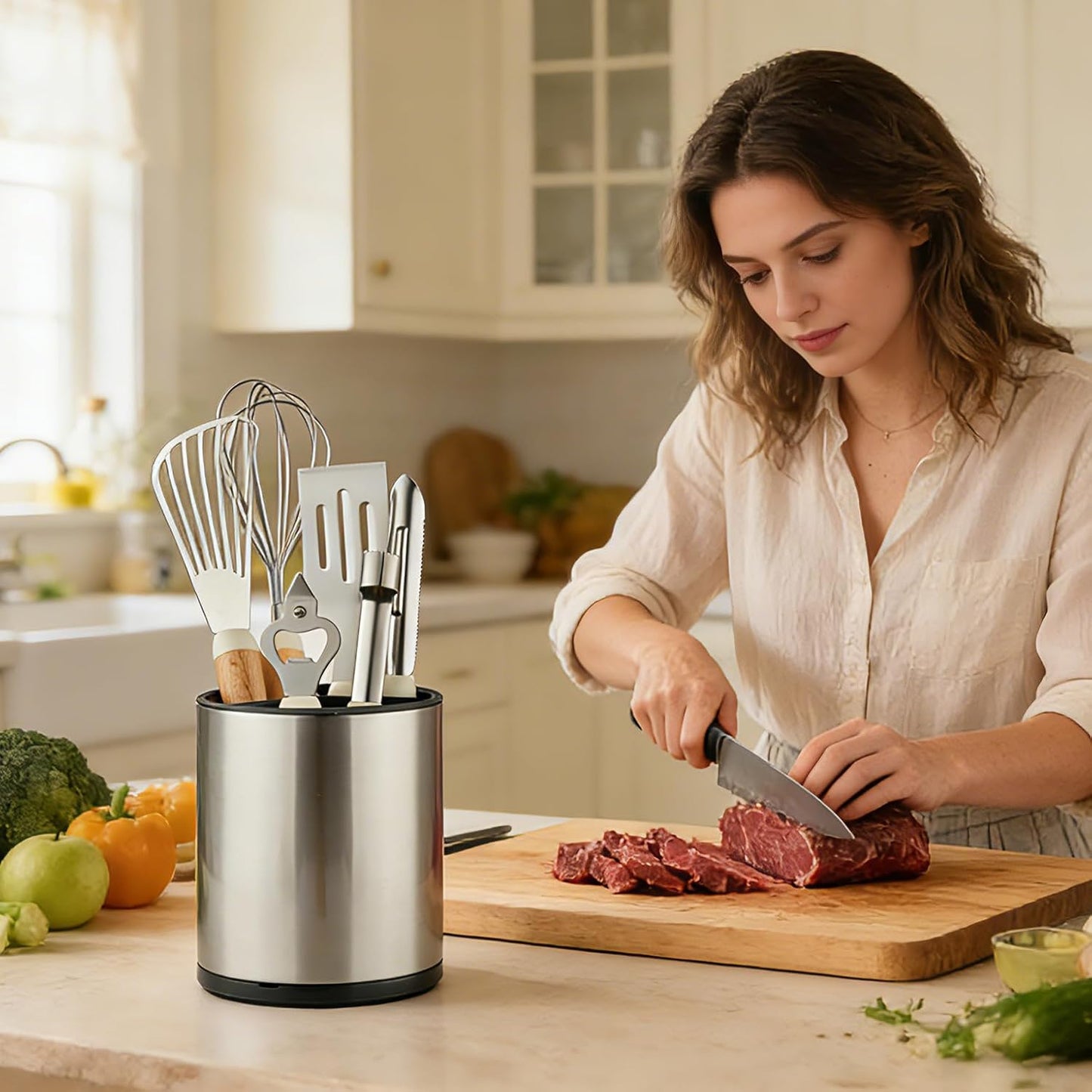 kitchen Utensil Holder Counter, DV Stainless Steel Rotating Cooking Spatula Utensils Holder Caddy (3 Compartment, 360°Rotating)