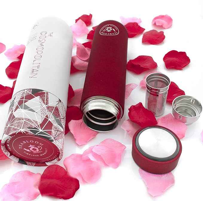 Teabloom ORIGINAL All-Purpose Beverage Tumbler - 16 oz - 480 ml - Brushed Metal Insulated Water Bottle/Tea Flask/Cold Brew Coffee Mug - Extra-Fine Two-Way Infuser Travel Bottle - Ruby Red