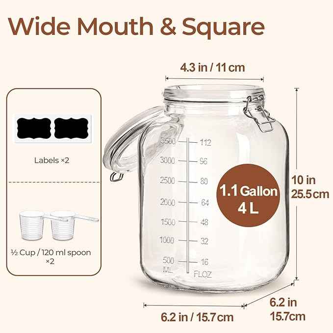 ComSaf 1 Gallon Square Glass Jars with Airtight Lids (135oz, Set of 2), Extra-Wide Mouth Canisters with Measurement Marks for Bulk Flour Storage, Fermenting Kombucha & Pickling