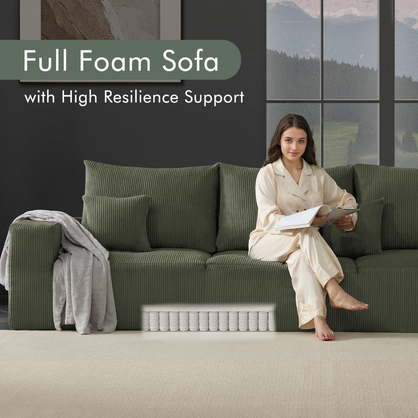 Boneless Sectional Cloud Couch Sofa Bed for Living Room, 112" Modular Modern Lounge 3 Seater Sleeper Green Couches with Chaise, No Assemble, Cordury Compression Upholstered Sofas