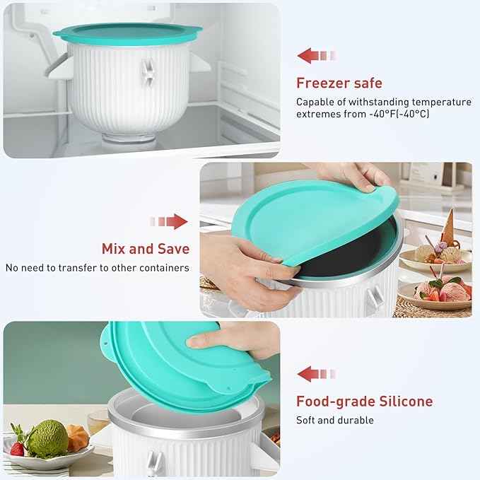 Ice Cream Attachment for KitchenAid Mixer, Ice Cream Bowl Compatible with 4.5Qt and 6QT Or Larger Stand Mixers KitchenAid Attachment, Frozen Yogurt & Sorbet Gelato Maker Attachment, 2 Qt With lid