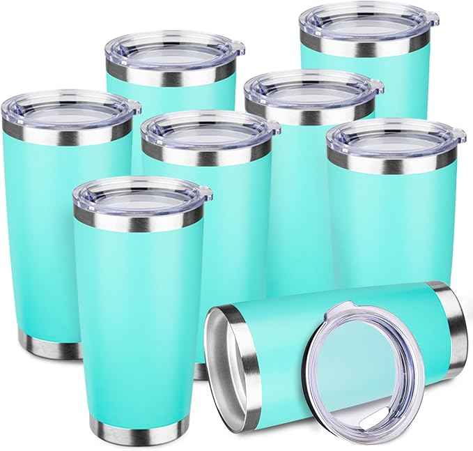 StarSpeed 20oz Tumbler Bulk with Lid, Stainless Steel Insulated Tumblers Double Wall Vacuum Insulated Travel Mug, Powder Coated Coffee Cups for Hot and Cold Drinks(Light Green,8)
