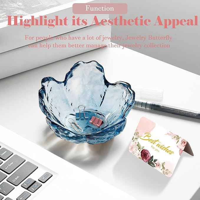 Binoster Blue Flower Glass Ring Dish Jewelry Tray Ring Holder Dish Cute Room Decor Vanity Organizer for Nightstand or Bathroom Aesthetic Trinket Dish Gift for Wife Mom Daughter