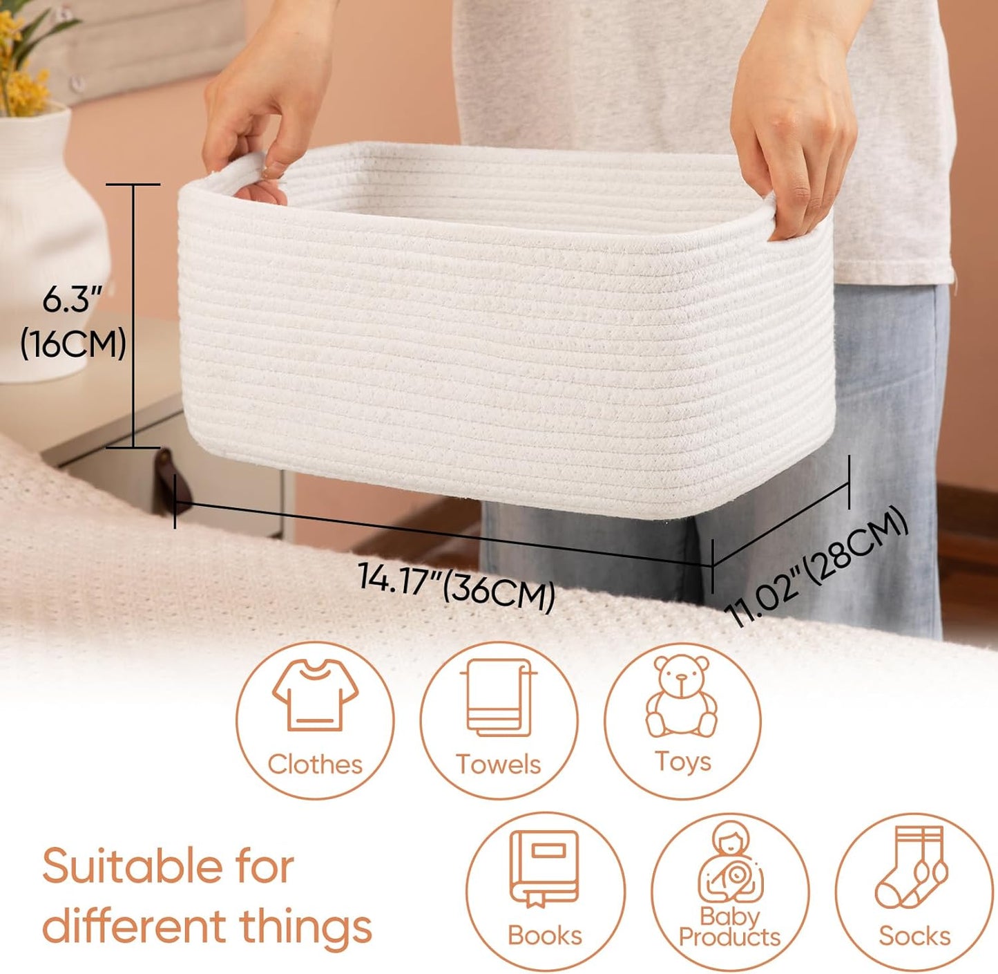 OIAHOMY 4 Pack 14.17*11.02*6.3IN Storage Baskets for Organizing Shelves, Woven Rope Baskets for Organizing Books, Clothes, Decorative Basket for Living Room, Nursery, Bedroom, Gift Basket, White