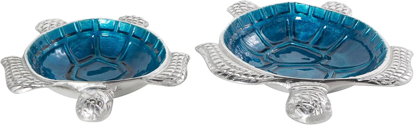 Deco 79 Aluminum Metal Turtle Decorative Bowl Decorative Bowl Enameled Decorative Containers with Silver Metal Exterior, Set of 2 Decorative Keepsake Boxes 10", 8"W, Blue