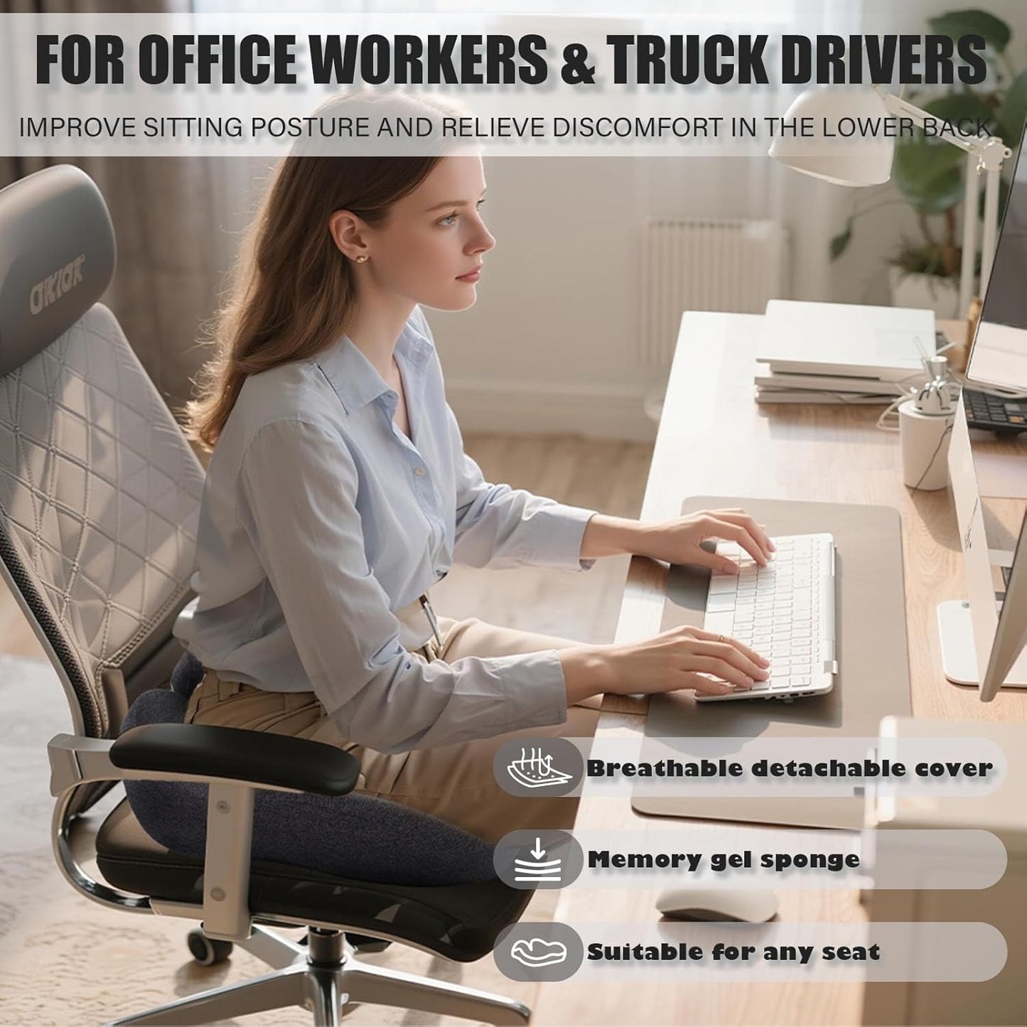 CXC Seat Cushions for Office Chairs, Ergonomic Memory Foam Cushion for Long Sitting, Breathable Desk Chair Pad for Home Office, Non-Slip Support for Hip & Lower Back Comfort (Dark Gray, Modal Fabric)