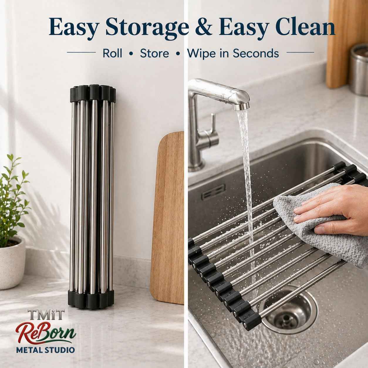 Over the Sink Roll Up Dish Drying Rack – Stainless Steel Collapsible Dish Drainer, Kitchen Sink Organizer for Counter & Sink, 17.7" x 15.7