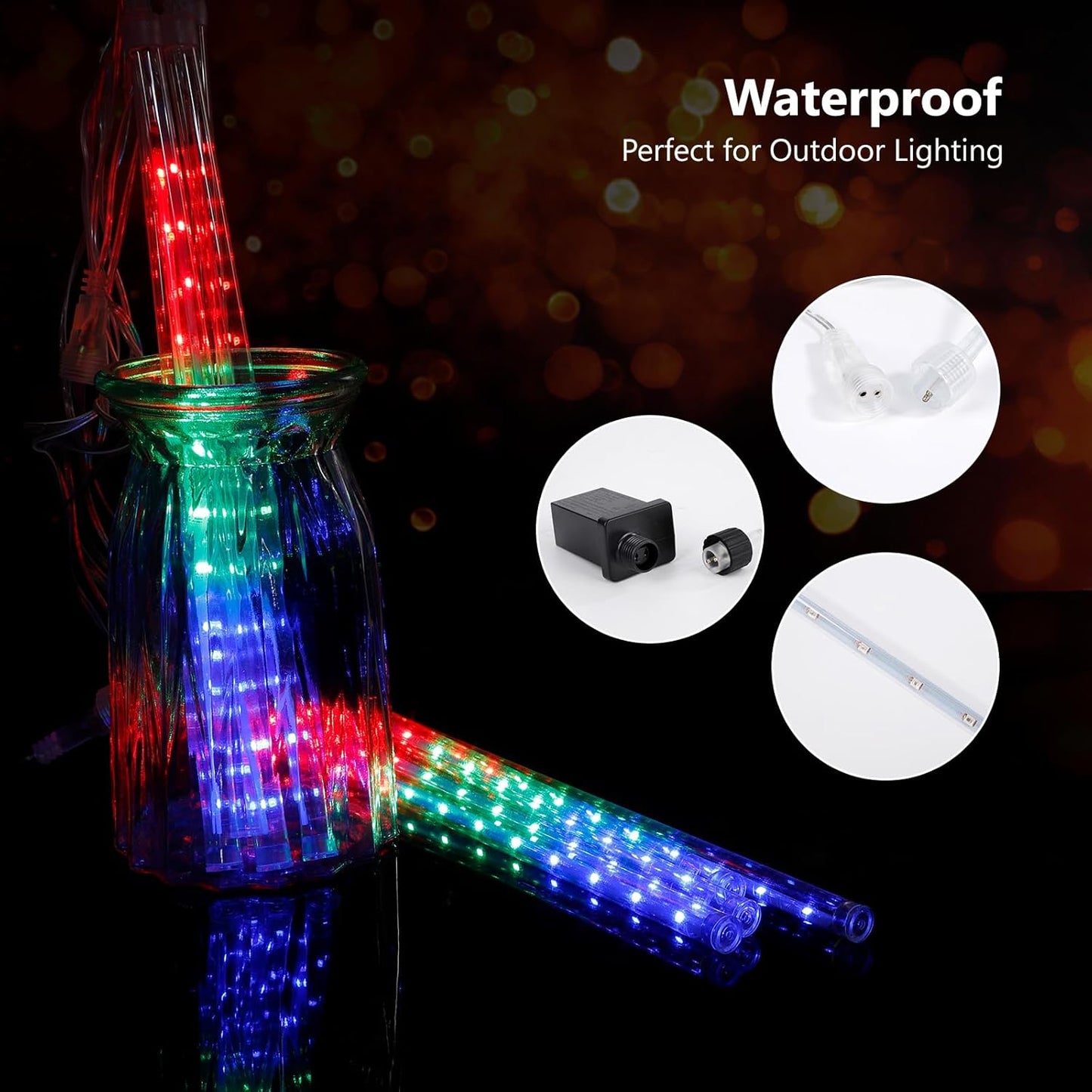 Christmas Meteor Shower Lights 8 Tubes 11.8 inch 360 LED Icicle Lights Waterproof Falling Rain Light US Plug for Tree House Yard Party Outdoor Decor (Multicolor)