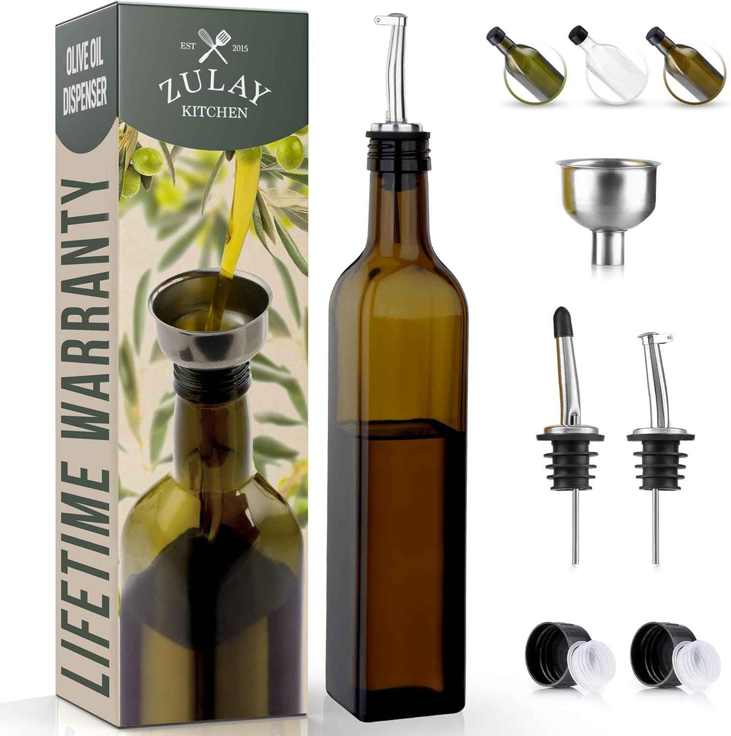 Zulay Kitchen 17oz Olive Oil Dispenser Bottle – Glass Oil Cruet with Spout, Funnel & Pourers, Easy-Pour Decanter for Kitchen Cooking and Serving (Dark Brown)