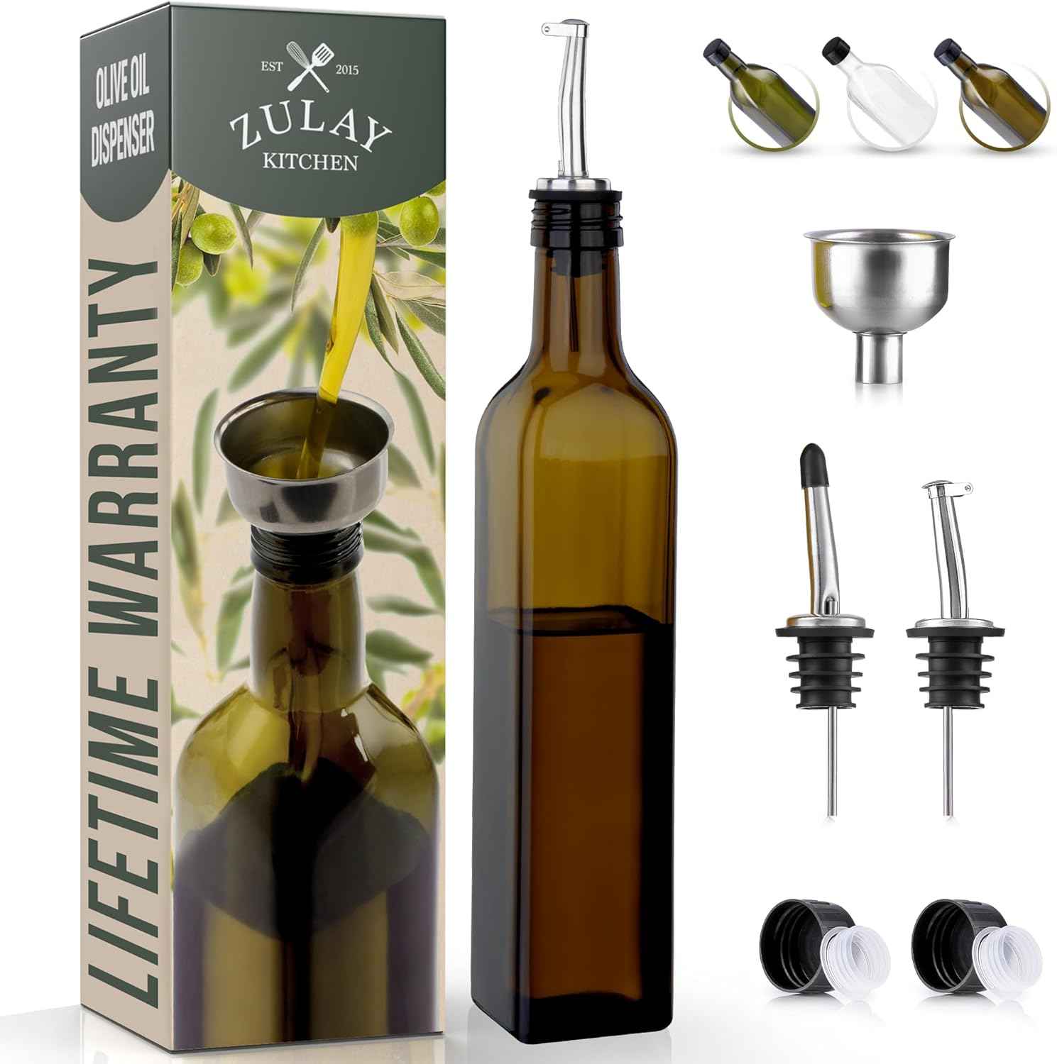 Zulay Kitchen 17oz Olive Oil Dispenser Bottle – Glass Oil Cruet with Spout, Funnel & Pourers, Easy-Pour Decanter for Kitchen Cooking and Serving (Dark Brown)