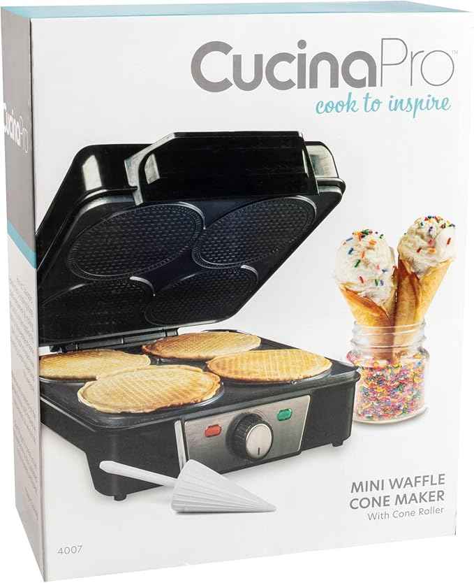 Mini Waffle Ice Cream Cone Maker - Bake 4 Homemade Mini Cones at Once, Includes Shaper Roller - Make Fun Bite Sized Entertaining Desserts for Holiday Parties, Special Occasions and Gift Giving Treats