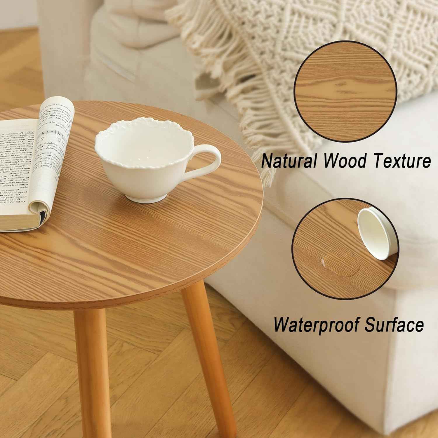 AWASEN Round Side Table, Small End Table for Living Room, Modern Accent Coffee Side Table with Solid Wood Legs for Small Space, Easy Assembly, Brown