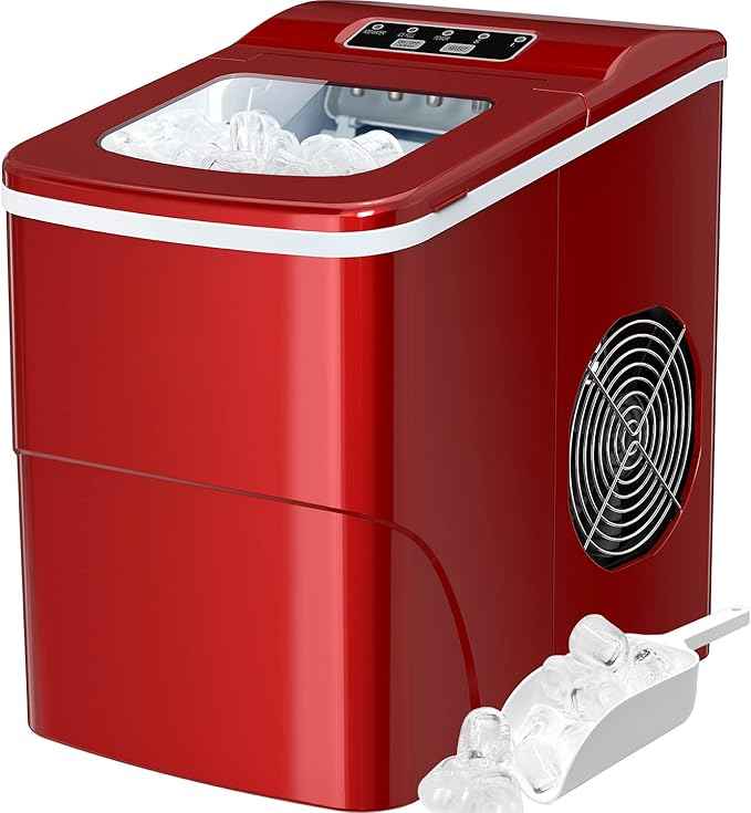 Silonn Ice Maker Machine for Countertop, 9 Bullet Cubes Ready in 6 Minutes, 26lbs 24Hrs Portable Self-Cleaning, 2 Sizes of Bullet-Shaped Home Kitchen Office Bar Party, Red