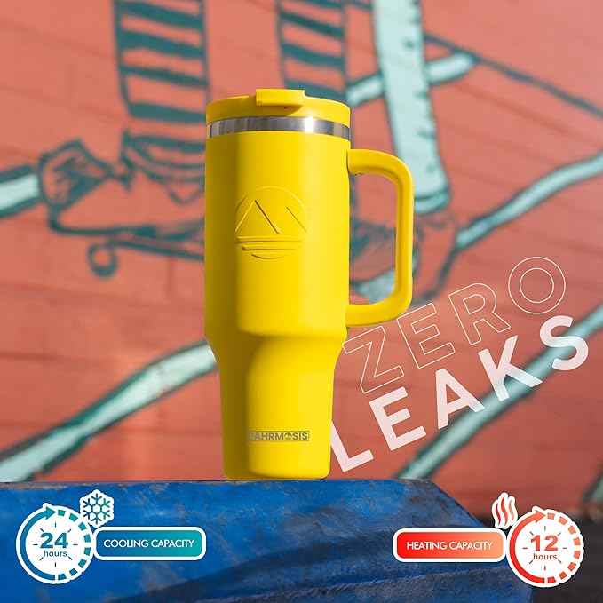FAHRMOSIS 40 Oz Tumbler with Handle and Straw Insulated Cup that Fits in Cup Holder for Hot & Cold Drinks Leak Proof Tumbler with Straw Stainless Steel Travel Mug for Men & Women - Yellow