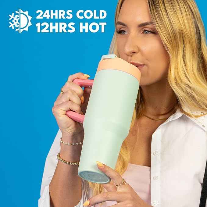 Elemental 32 oz 100% Leak Proof Tumbler with Handle & Straw - Stainless Steel Double Wall Insulated Tumbler for Hot and Cold Beverages - Travel Coffee Mug with Sip & Straw Lid - Mint Sorbet
