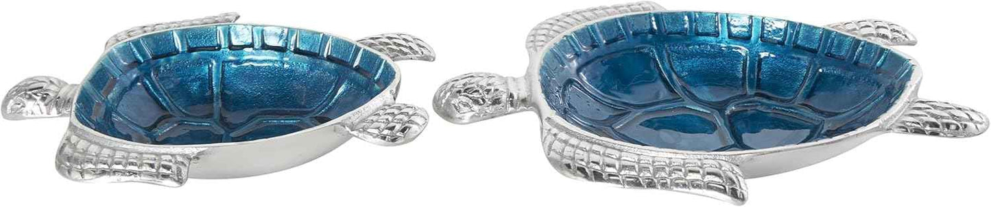 Deco 79 Aluminum Metal Turtle Decorative Bowl Decorative Bowl Enameled Decorative Containers with Silver Metal Exterior, Set of 2 Decorative Keepsake Boxes 10", 8"W, Blue