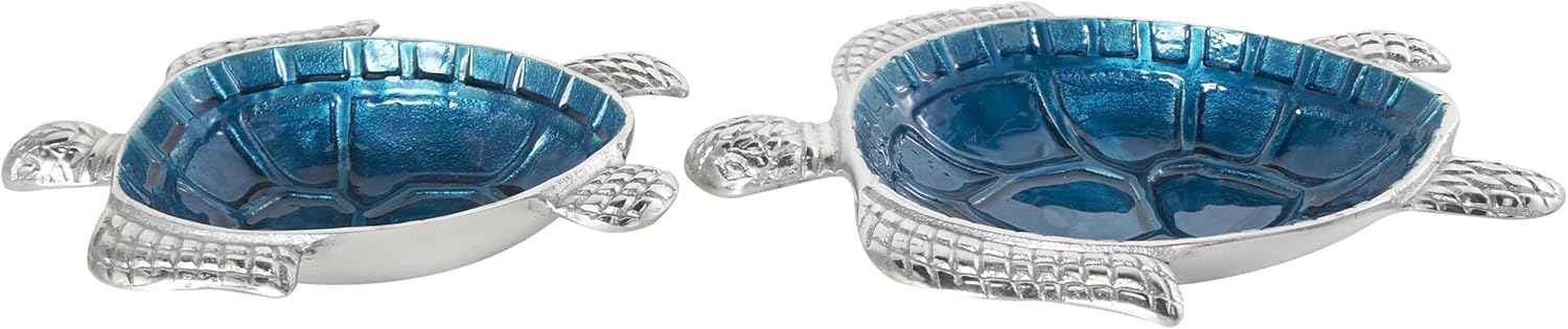 Deco 79 Aluminum Metal Turtle Decorative Bowl Decorative Bowl Enameled Decorative Containers with Silver Metal Exterior, Set of 2 Decorative Keepsake Boxes 10", 8"W, Blue