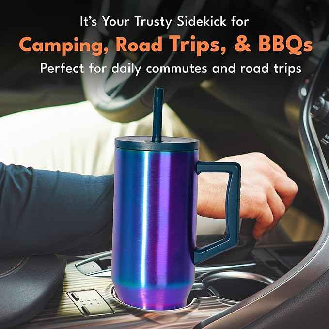 Elemental 40 oz Tumbler with Handle and Straw - Spill Proof Insulated Stainless Steel Commuter for Cold Beverages - Travel Coffee Mug with 2 Straws & Spill Proof Lid - 40oz - Iridescent