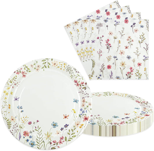 40 pcs Spring Wildflower Pary Paper Plates and Napkins Disposable Flower 9 inch 20 pcs Dessert Party Plates & 20 pcs Napkins Tableware for Fruit Cake Party Decorations