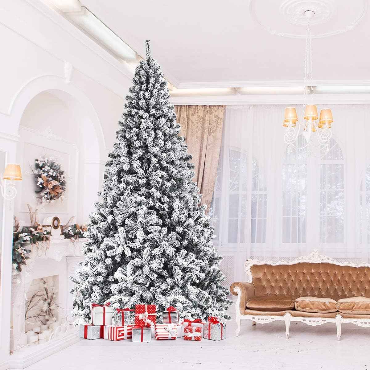 9FT Snow Flocked Christmas Tree, Artificial Pine Tree w/Premium PVC Needles & Solid Metal Stand, Xmas Full Tree for Indoor and Outdoor