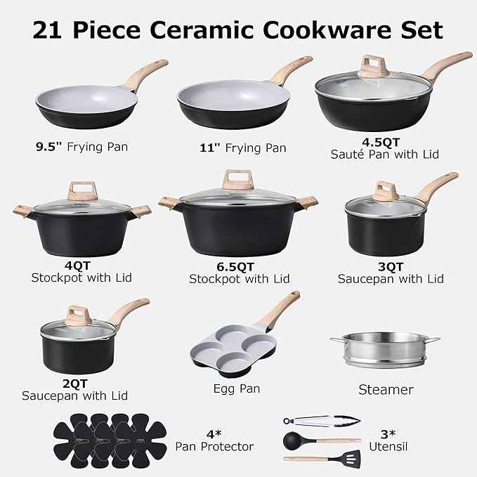 CAROTE 21pcs Pots and Pans Set Nonstick, Cookware Set Black Induction Kitchen Cooking Set w/Frying Pans & Saucepans(PFOS, PFOA Free)
