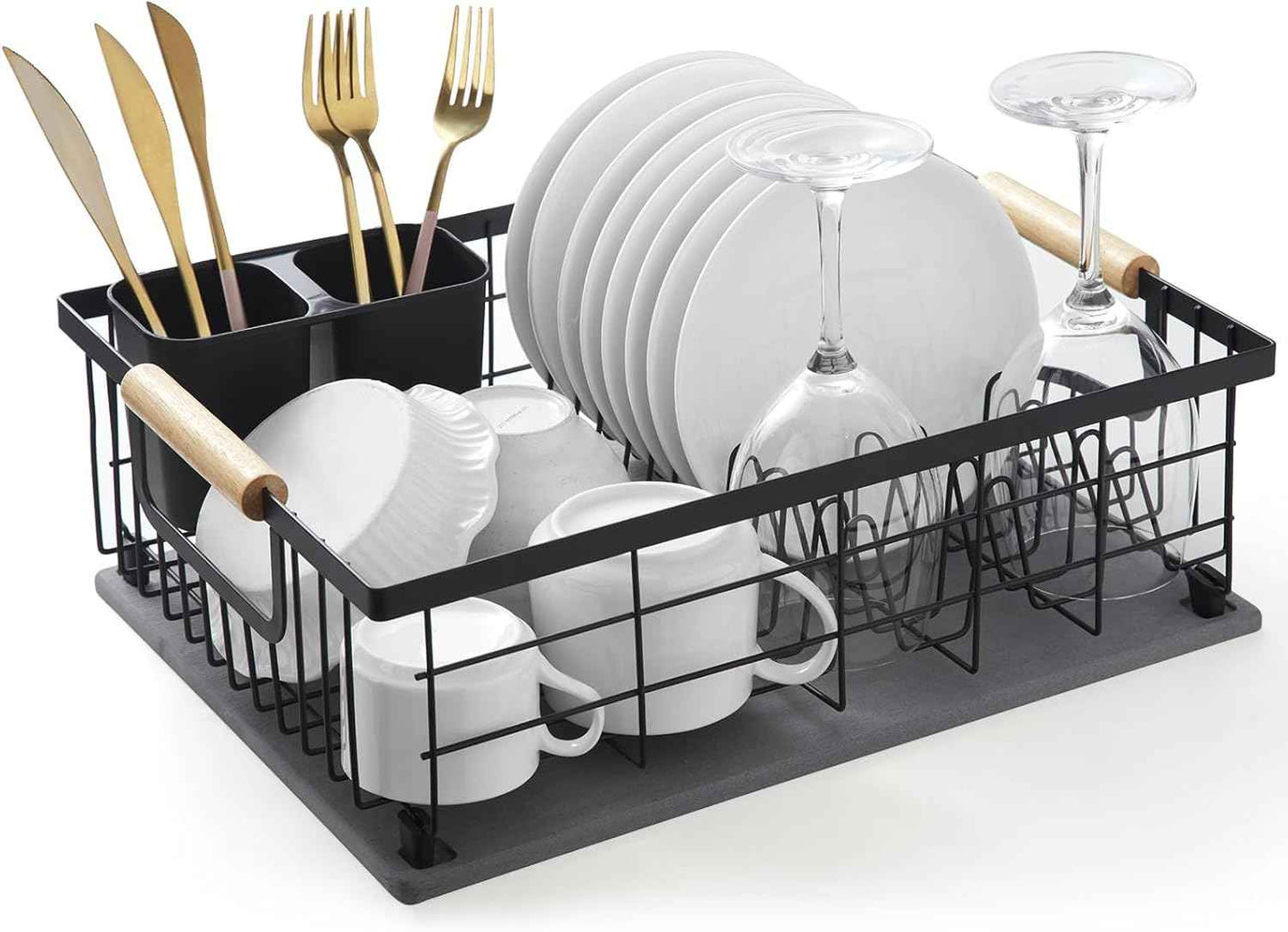 Dish Drying Rack with Stone Dish Drying Mat for Kitchen Counter, Dish Drainer with Diatomaceous Earth Quick Dry Mat, Organization and Storage Essentials with Cup & Cutlery Holders