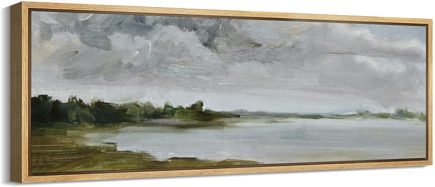 MUDECOR Large Framed Canvas Print Wall Art Tranquil Landscape Soft Brushstroke Lake Scene Illustrations Antique Retro Fine Art Illustrations Decorative Colorful for Bedroom - 60"x20"